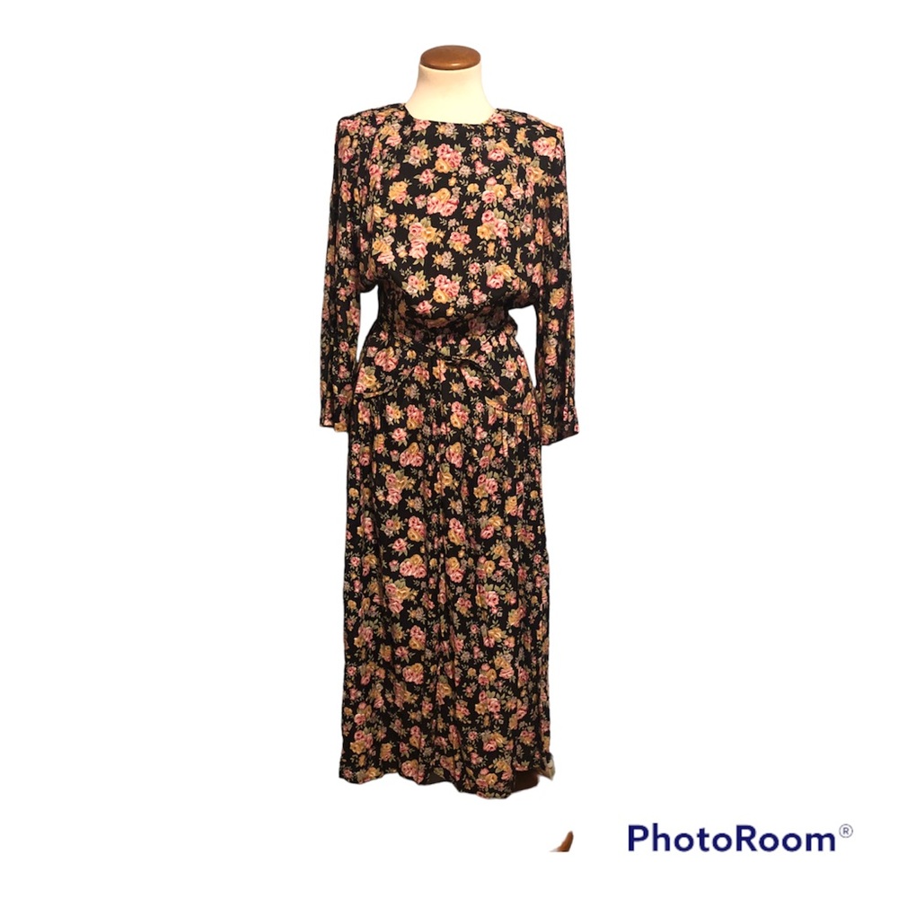 Vintage 1990s Lisa II Belted Dress Black Floral Cottagecore Womens 10